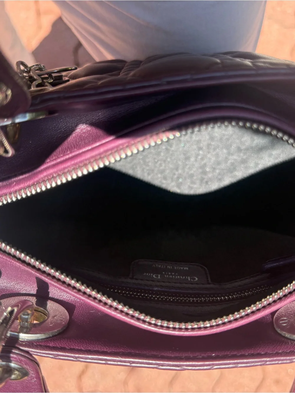 Christian Dior Quilted Leather Medium Lady Dior in Deep Plum Purple w/ Strap
